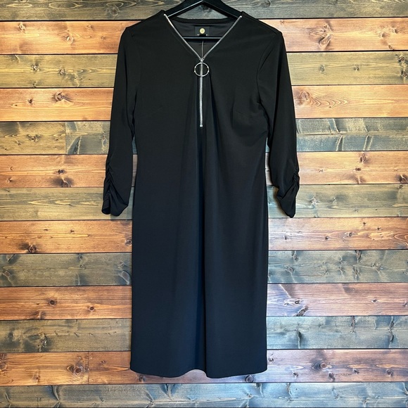 Deep Black Mini Zipper Sheath Dress | JM Collection - Picture 1 of 5